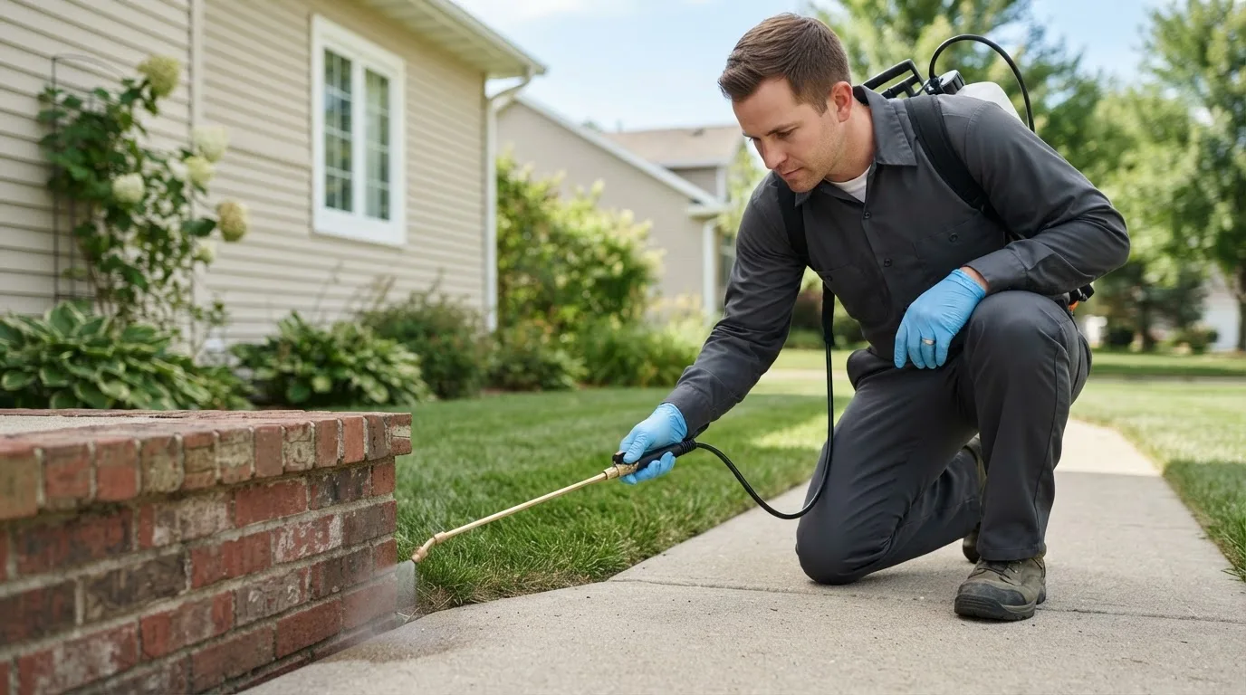 Pest control technician treating a home near Ridott, IL