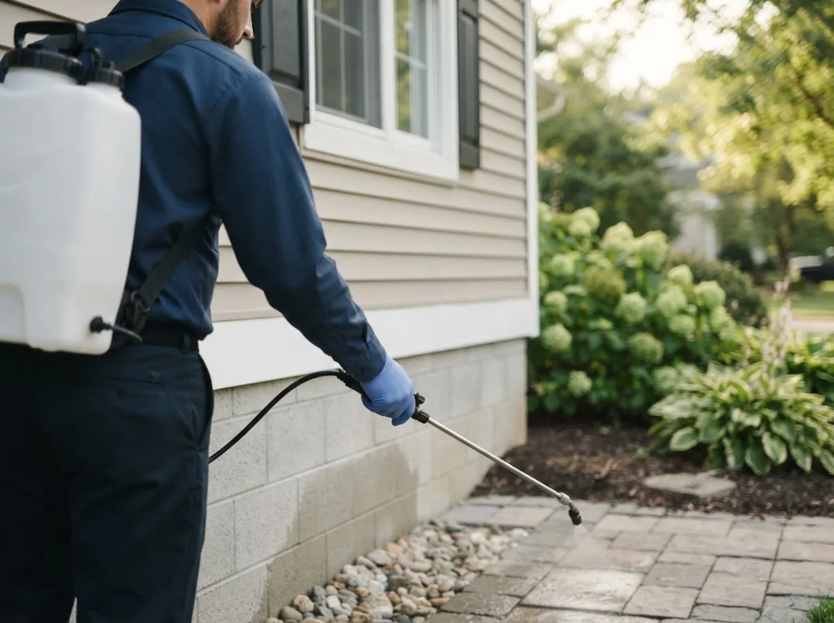 Pest control technician inspecting a home in Ridott, IL